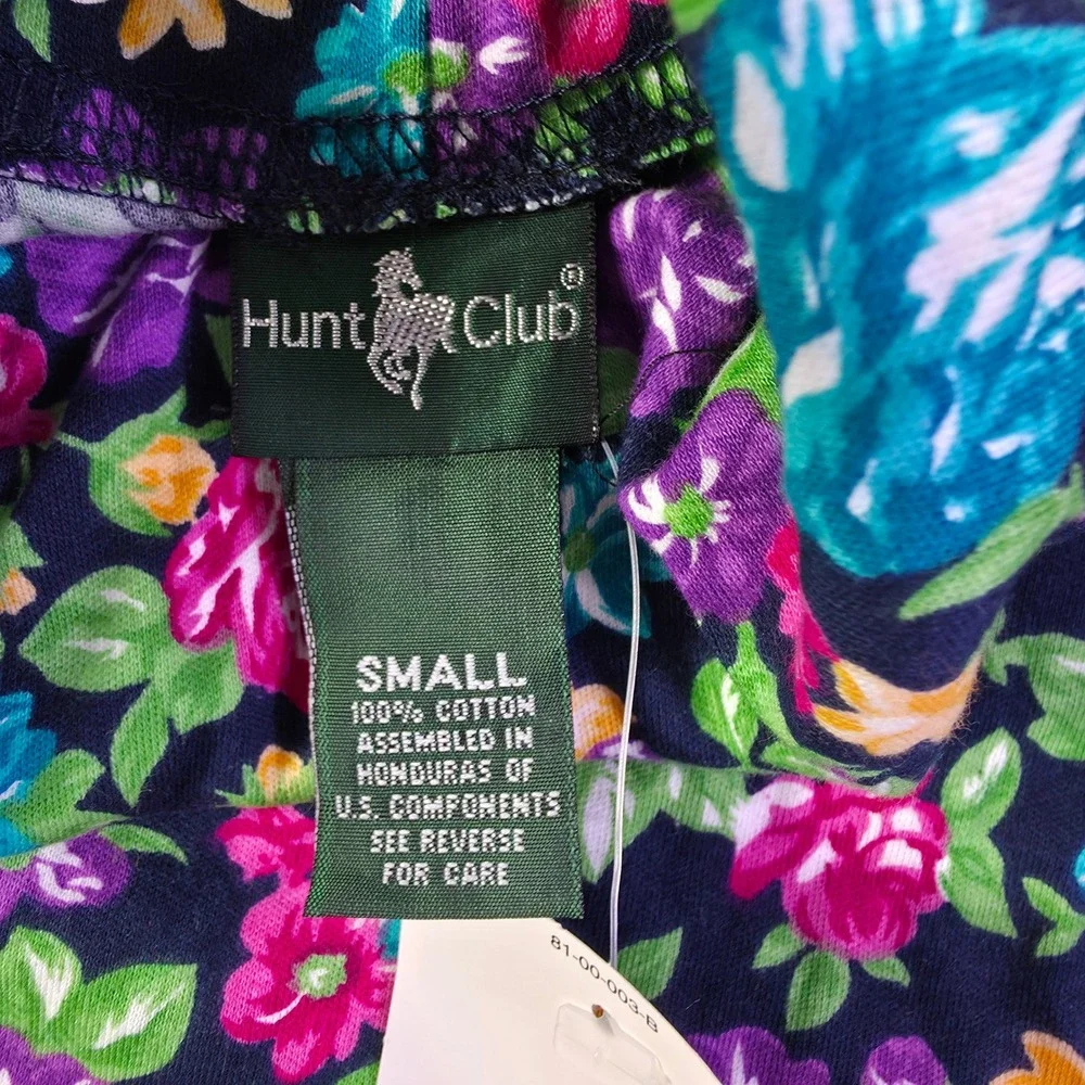 Hunt Club Womens Small Floral Turtleneck Long Sleeve Cotton Top Navy Pink Multi
